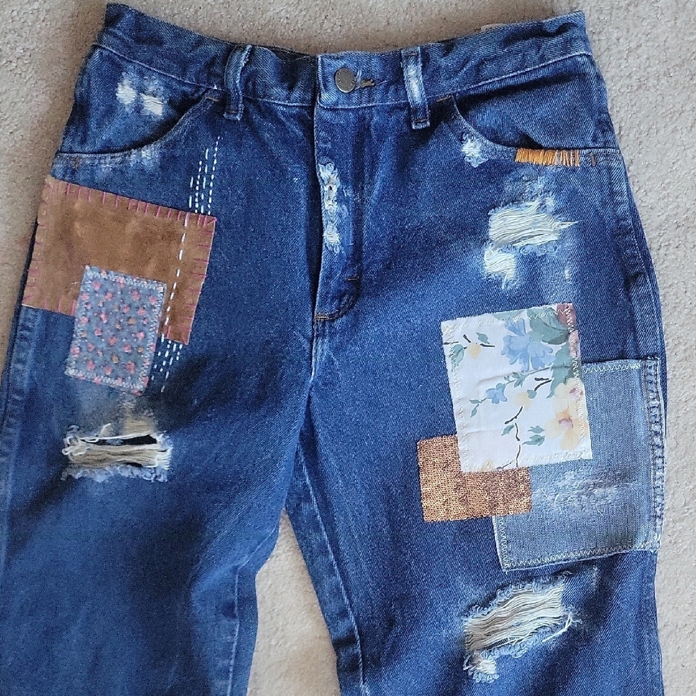 Vintage Blue Patchwork Boyfriend Jeans